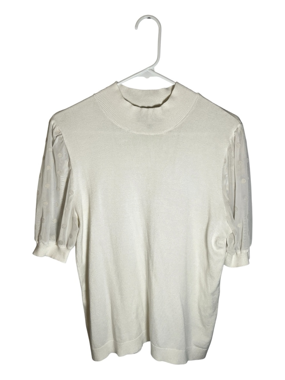 Laundry by Design Cream Knit Top with Sheer Dot Puff Sleeves
